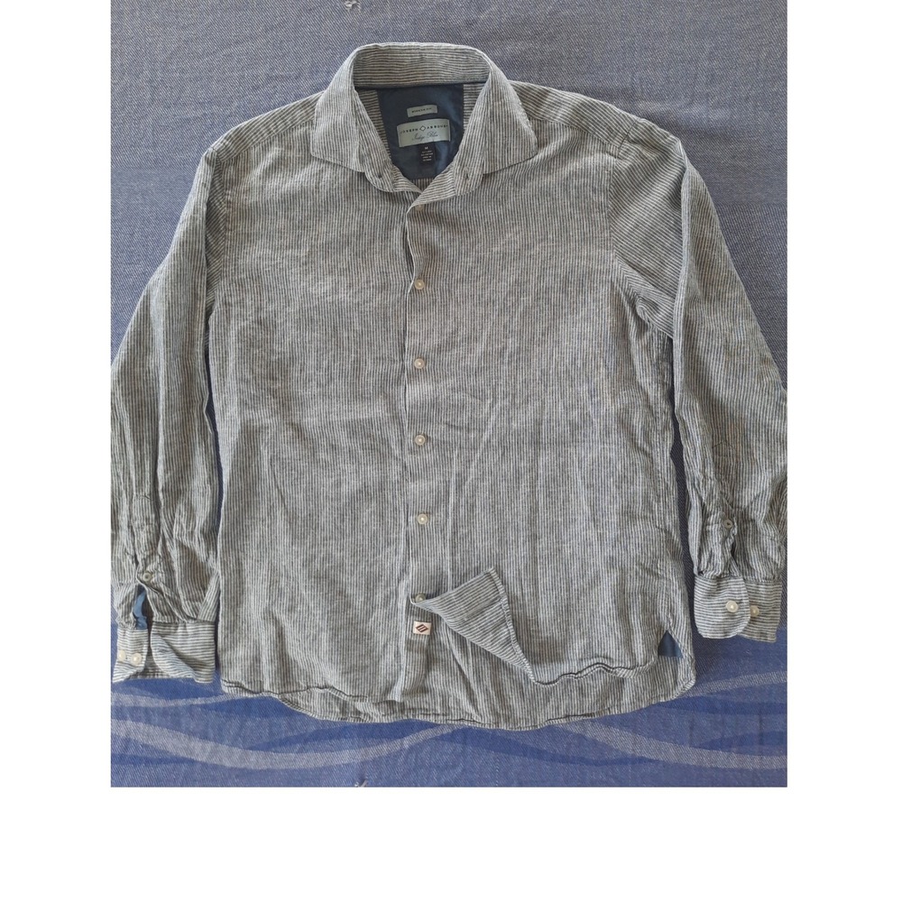 Joseph Abboud Indigo Blue Linen Blend Striped Modern Fit Button Shirt Men Medium